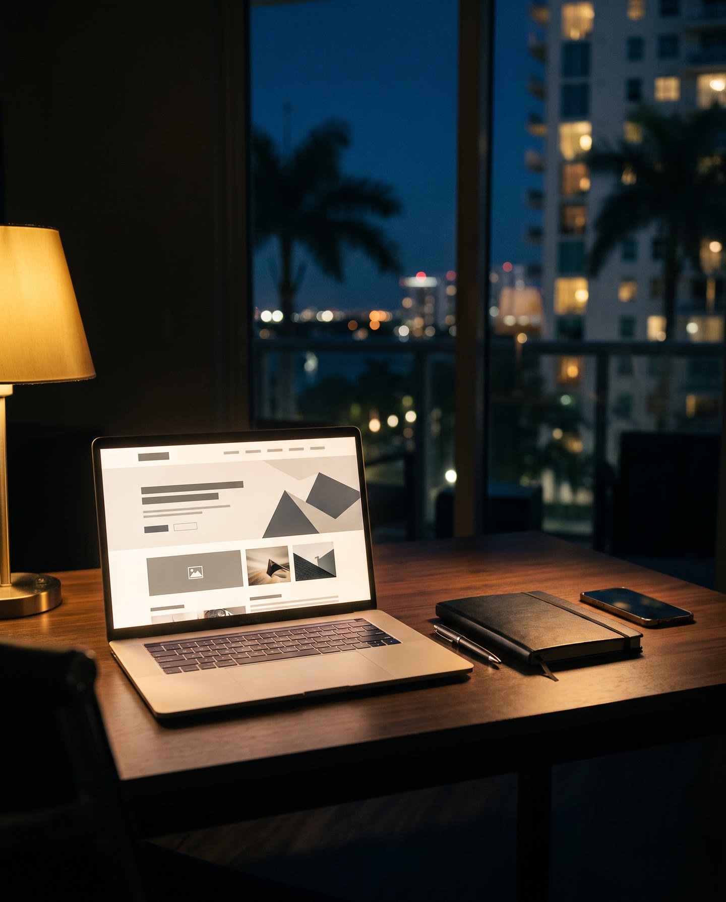 A laptop showing a website layout on a desk at night, with city lights and palm trees outside the window